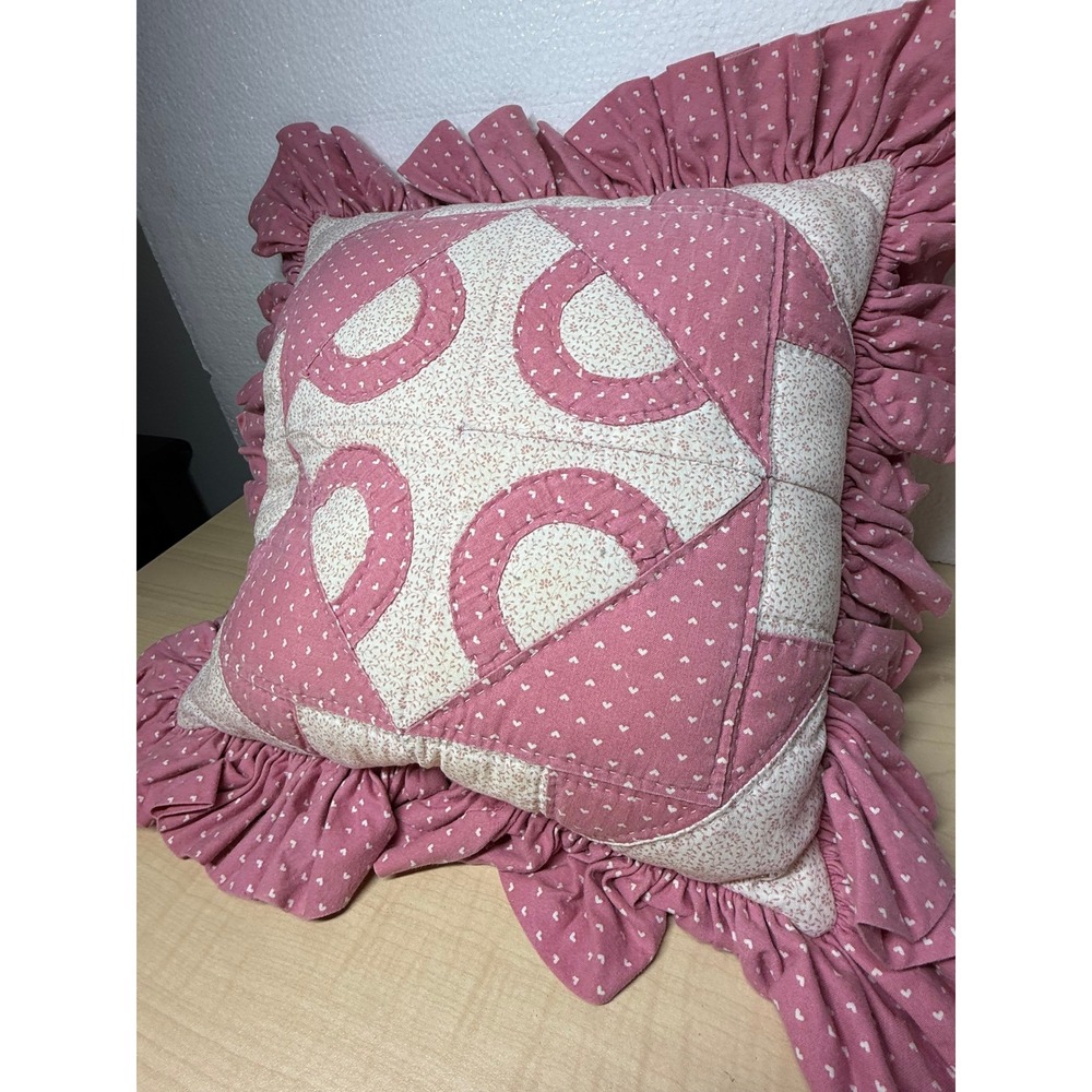 Quilted Pink Heart Floral Ruffle Throw Pillow Cottagecore 90's Farmhouse VTG - Picture 7 of 7